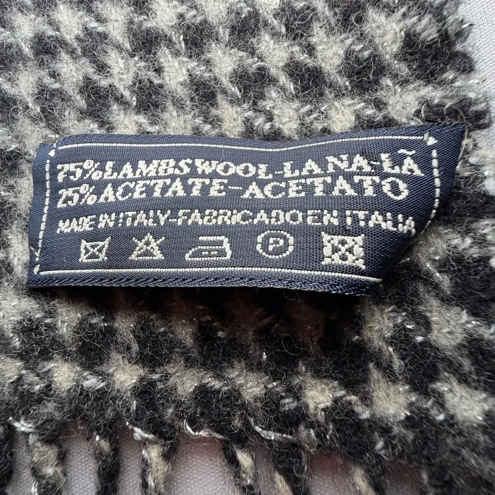 Italian Lambswool Scarf Houndstooth Black Grey Blend Made‎ in Italy